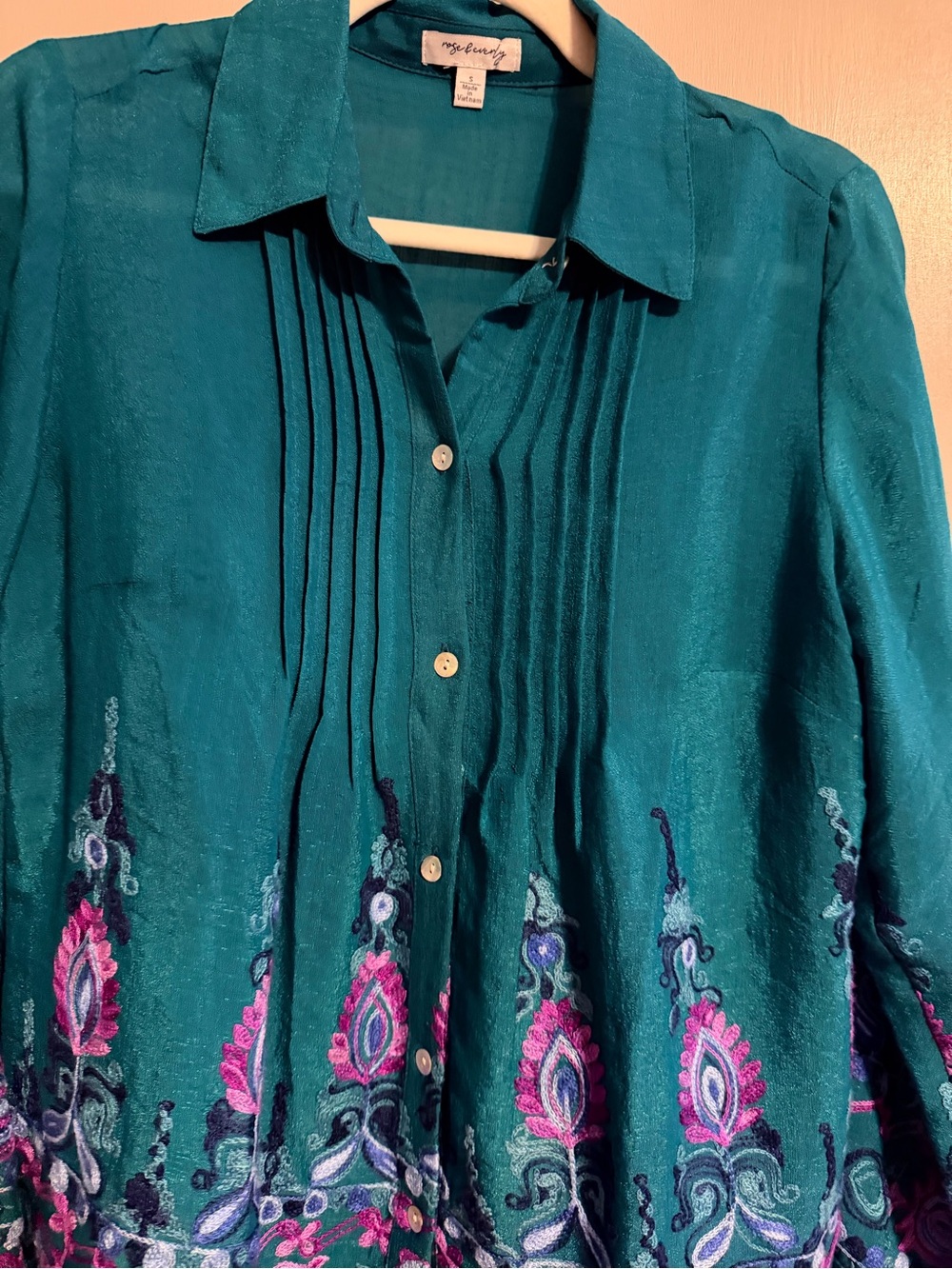 Embroidered Teal Boho Blouse S | Pintuck Top Anthropologie Style Boutique Chic - Picture 4 of 8